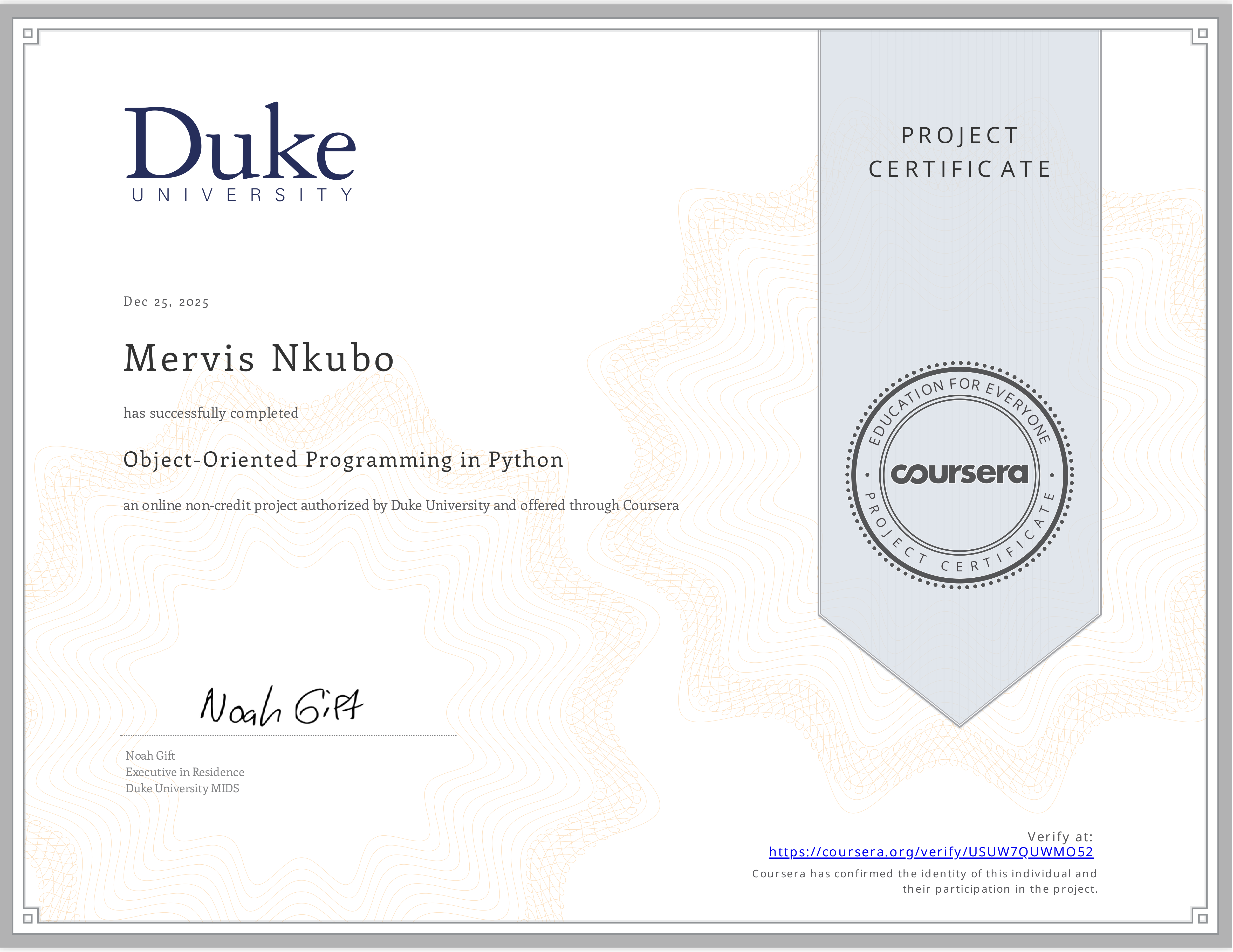Object-Oriented Programming Certificate